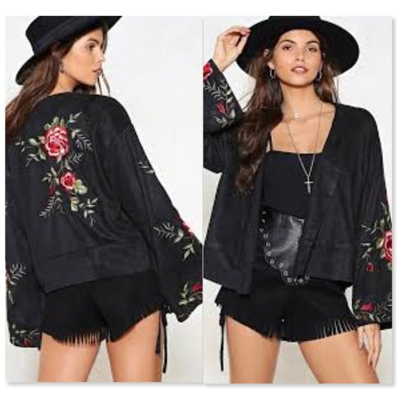 Nasty Gal Boho Faux Suede Floral Kimono Jacket - Picture 1 of 7